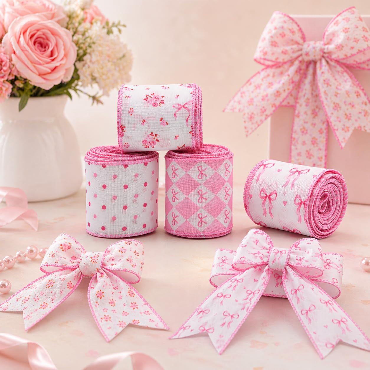 4 Rolls Pink Bow Ribbon Set, 2.5 Inch x 5 Yards Wired Craft Ribbon for Baby Girl Shower, Bridal Shower, Gift Wrapping, Wreath Bows, Birthday Party Decor