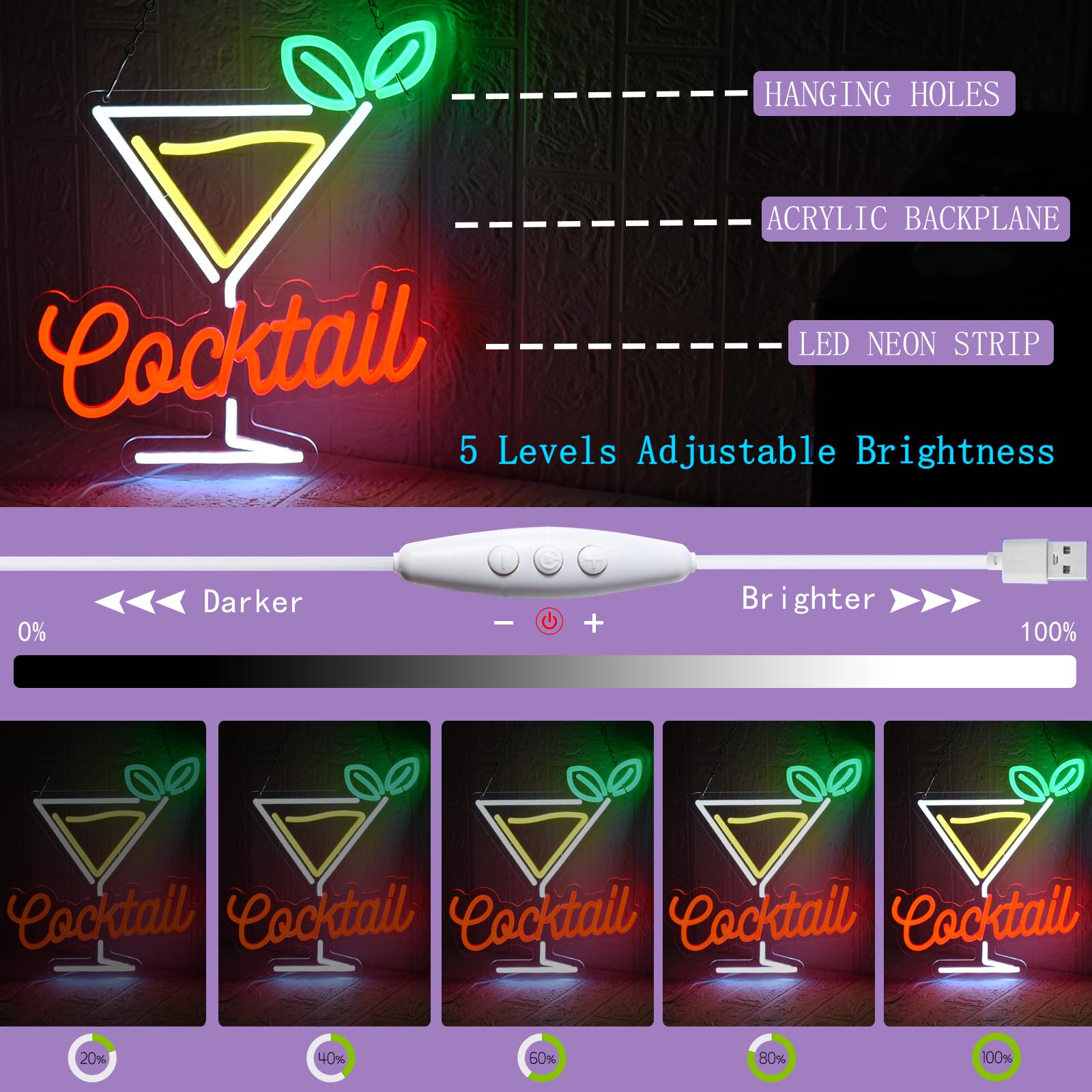 UExnkj-Y Cocktail Neon Sign Bar Signs USB Powered with dimmable Switch LED neon Light, Suitable for Cocktail bar Club, Party - Image 3