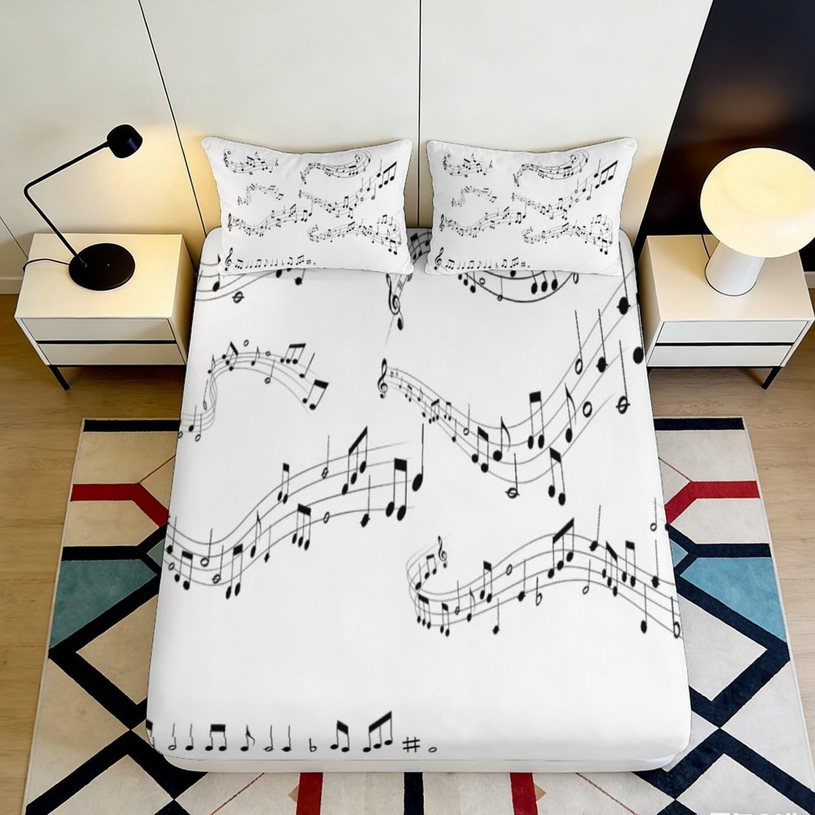 3D Printed Musical Pattern Fitted Sheet Microfiber Non-Slip Deep Pocket Music Mattress Fitted Cover Bedroom Bedding 90x200x25cm