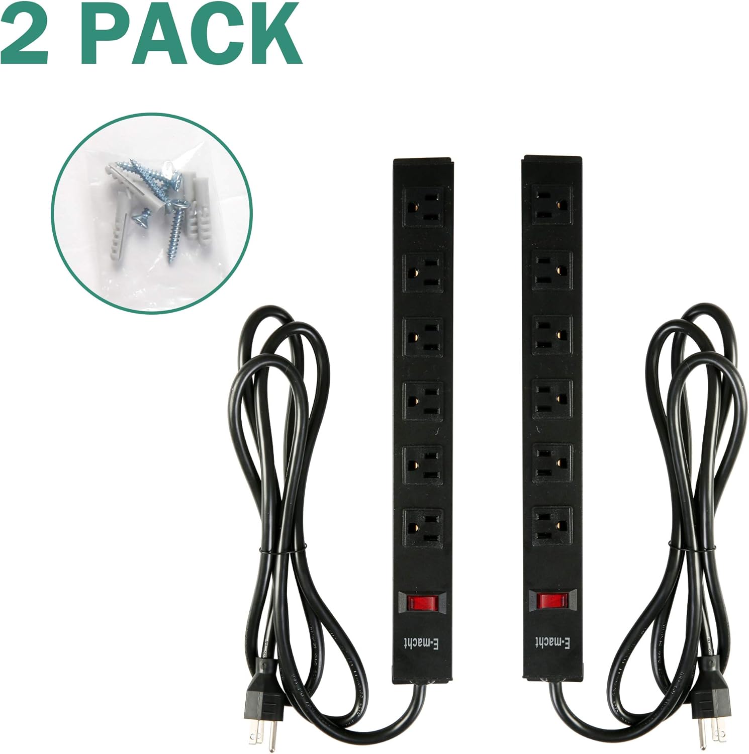 6 Outlet Heavy Duty Power Strip 2 Pack Metal Power Outlet,Wall Mountable Outlet Strip with 6 ft Long Extension Cord,Black