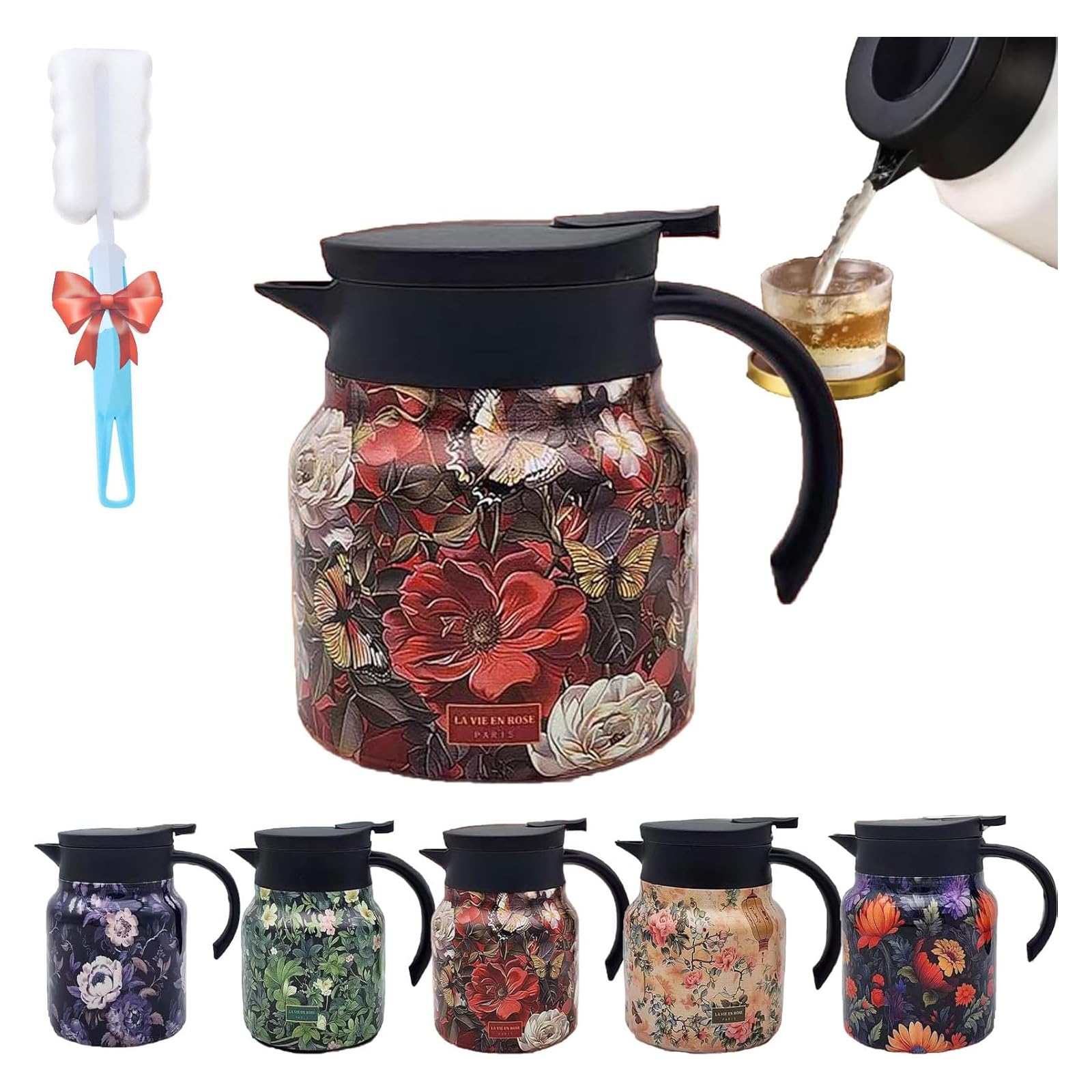 Infinite Tea Pot, Vintage Floral Pattern – Built-In Infuser, Stainless Steel Insulated Teapots Sets with Teaspoon, for Hot Cold Drinks (Red,1000 ml)