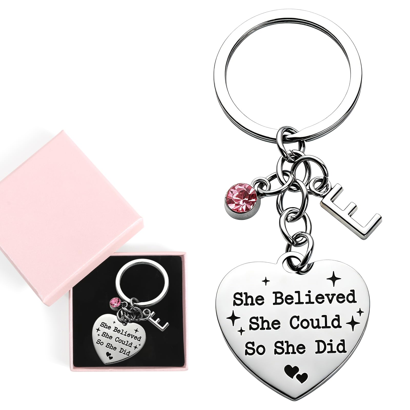 Doorio Women's E Inspirational Keyring, Sh Believed Sh Could So Sh Did Keychain With Box Initial Congratulations Keyring Gift Graduation New Job Passed Driving Test Gift For Girls (E)