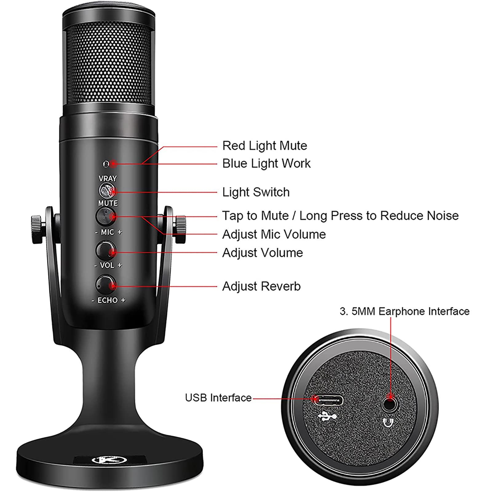 Microfono a Condensatore USB, Microfono a Condensatore RGB Con Luce Colorata Per L'atmosfera Respiratoria, Modello Cardioide, Adatto Per Registrazione Video, Podcasting, Giochi