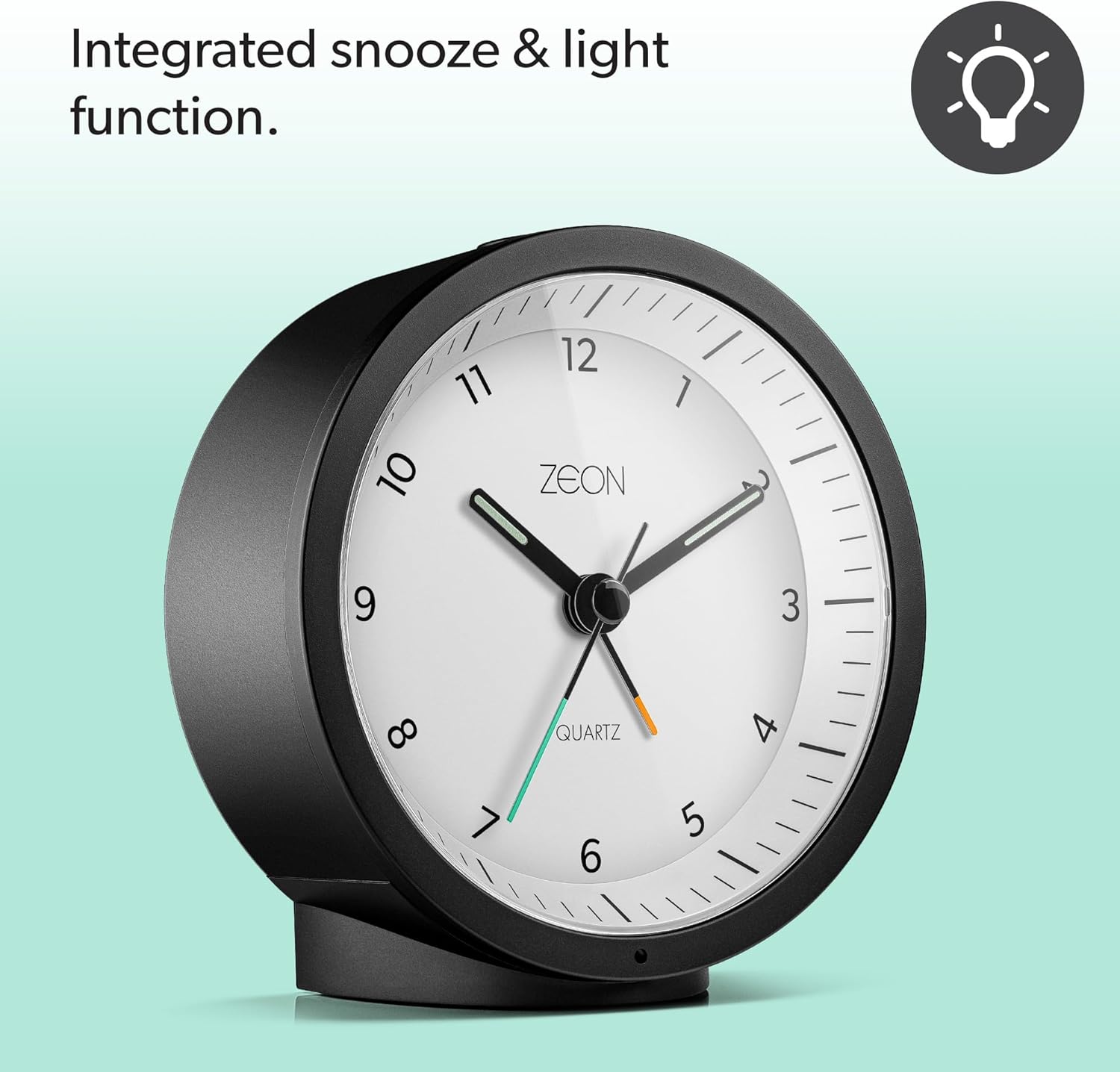 ZEON Round Analogue Alarm Clock with Light and Snooze Function, Silent Non-Tick Bedside Battery Powered Alarm Clock in Black & White, CE4552
