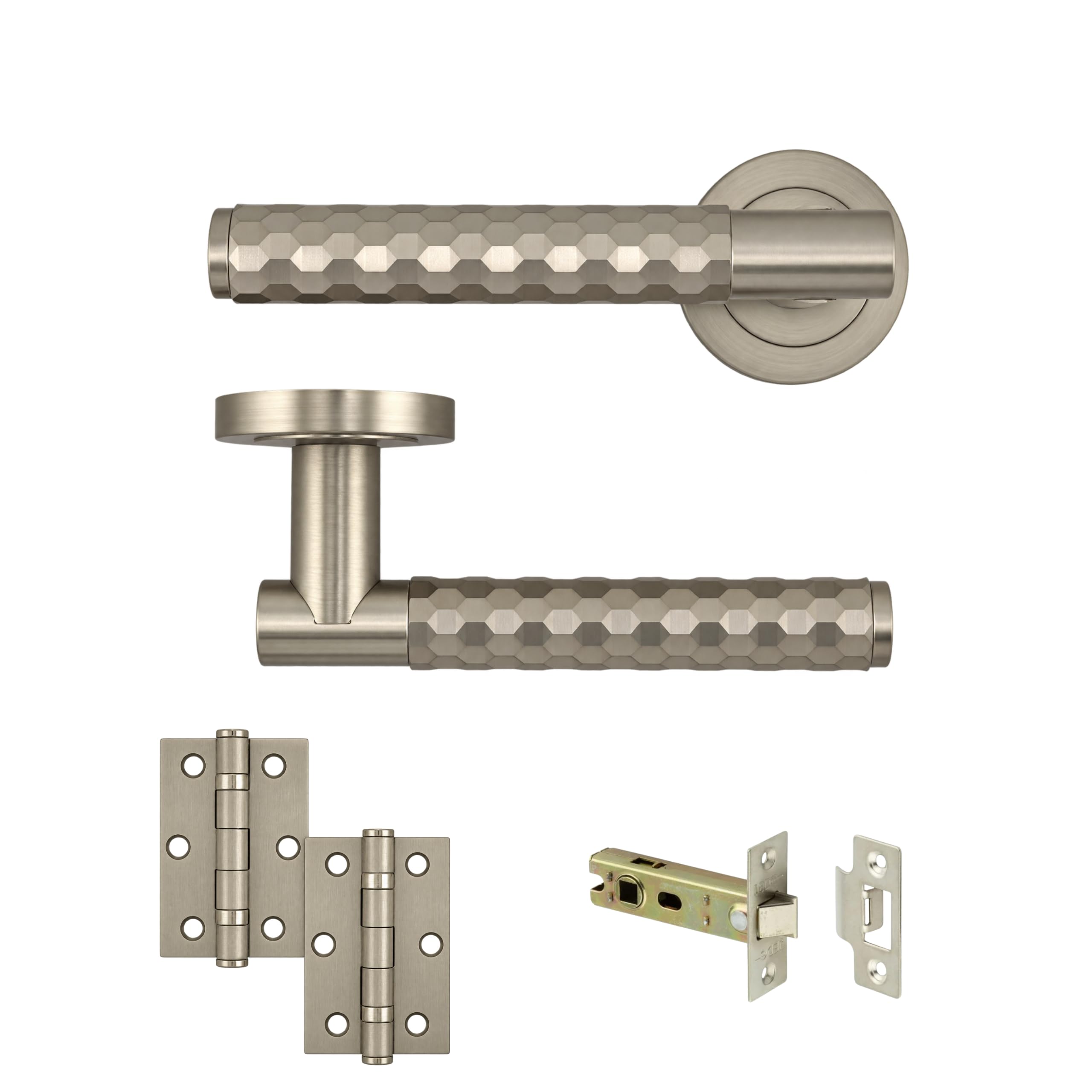 AXS Montana Internal Door Handles on Rose – Lever Handle Pair or Set for Wooden Doors – Modern Concealed Fix – Fits Standard UK Tubular Latch (Satin Nickel, Latch Door Pack - 57mm Backset)