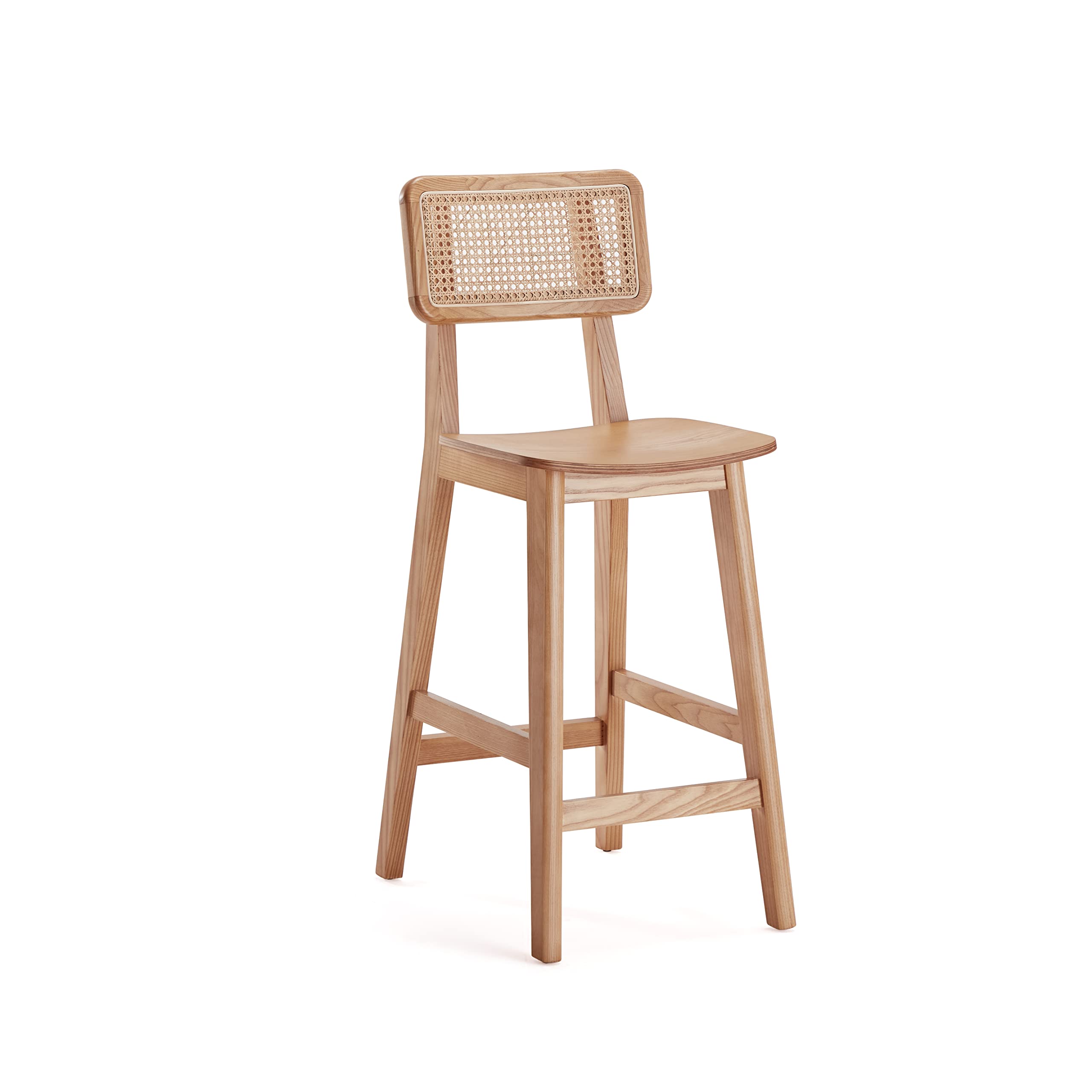 Manhattan Comfort Versailles 26 Inch Solid Ash Wood Counter Height Bar Stools with Rattan Back, Modern Chic Cane Design Perfect for Bars or Kitchen Islands, Fully Assembled, Set of 1, Natural Natural Set of 1