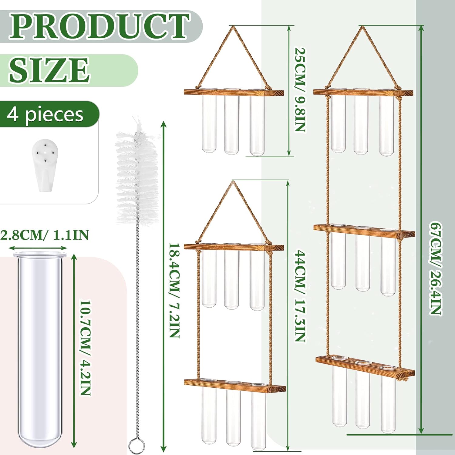 Leumoi 3 Pcs Wall Hanging Plant Propagation Station with Wooden Stand, 18 Glass Test Tubes, 1/2/3 Tiered Planters for Hydroponic Cuttings, Indoor Wall Decor, Office Home Garden Gift