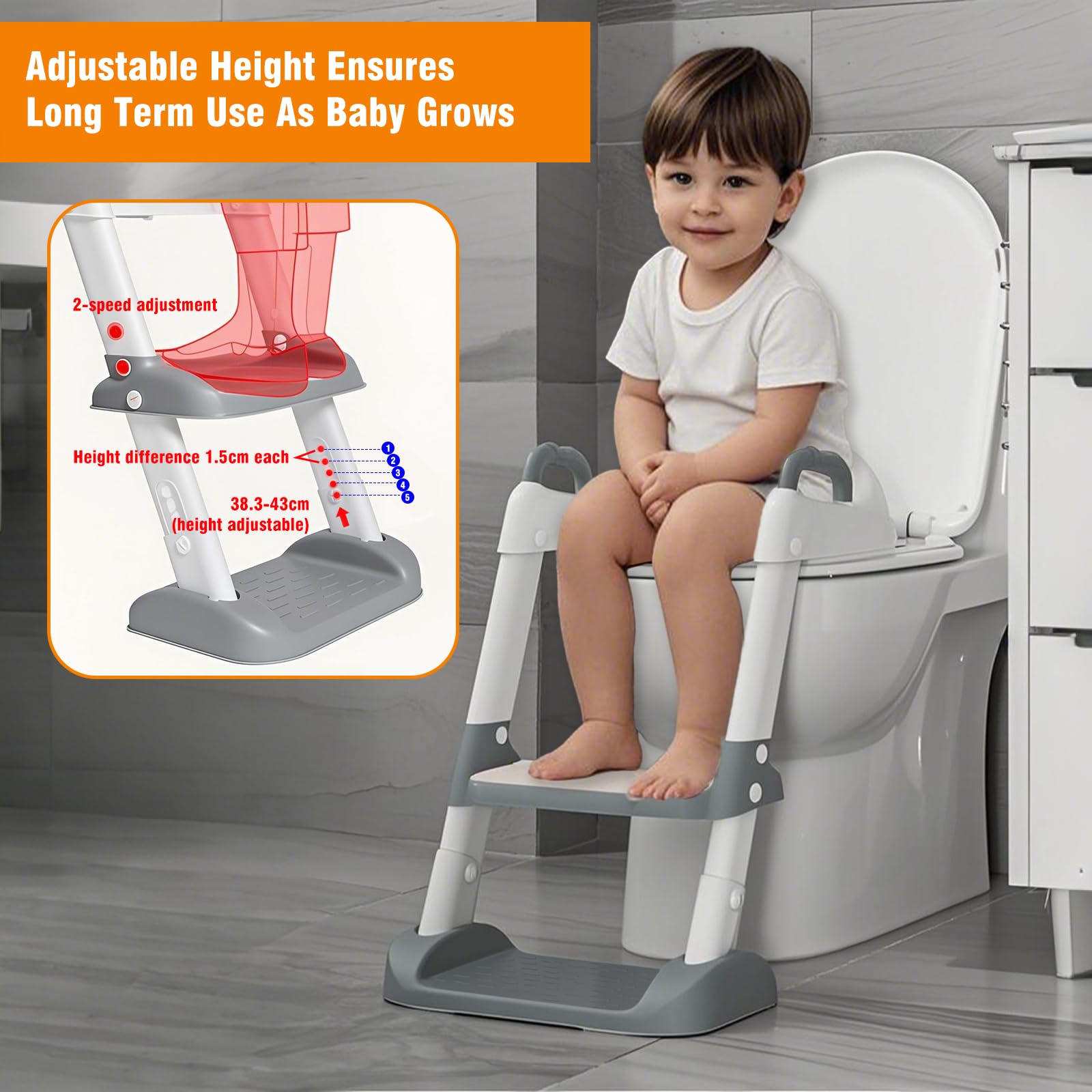 2 en 1 Reducteur Toilette Enfant avec Antidérapant Escalier & Coussin Moelleux, Rehausseur Toilettes Bebe Hauteur Réglable,Siège WC Antidérapante,Adaptateur Tabouret Pliable pour Toilettes Forme V,U,O