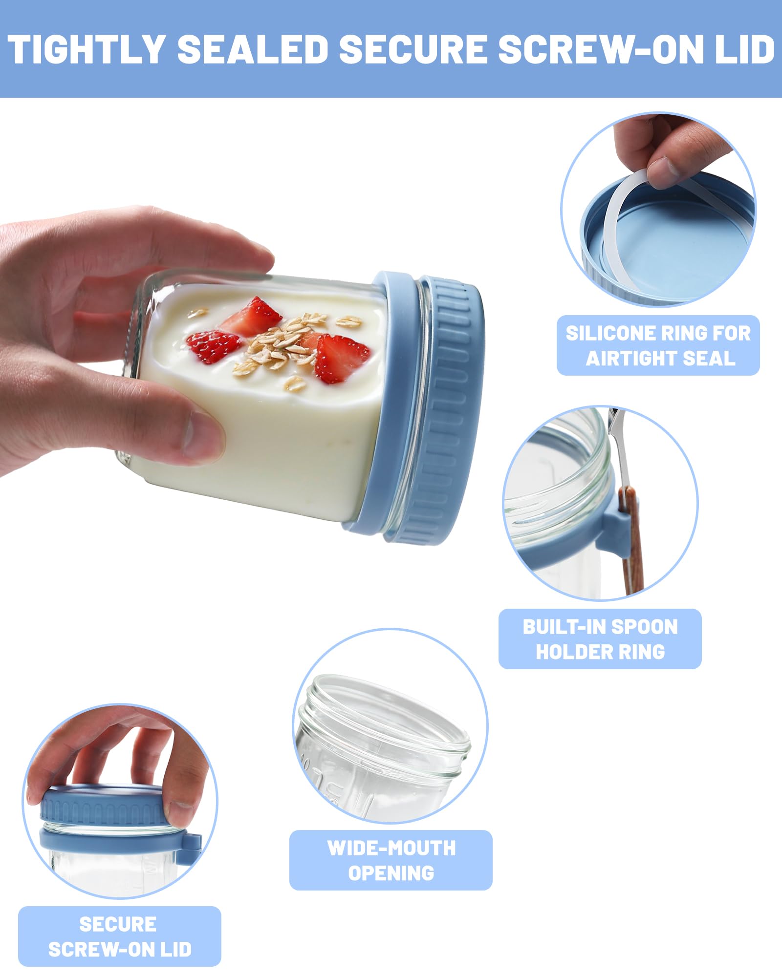 6 szt. słoiki na overnight oats z pokrywką i łyżką – szklane pojemniki meal prep ze skalą do musli, jogurtu i owsianki – szczelne słoiki śniadaniowe na wynos do sałatki i puddingu chia