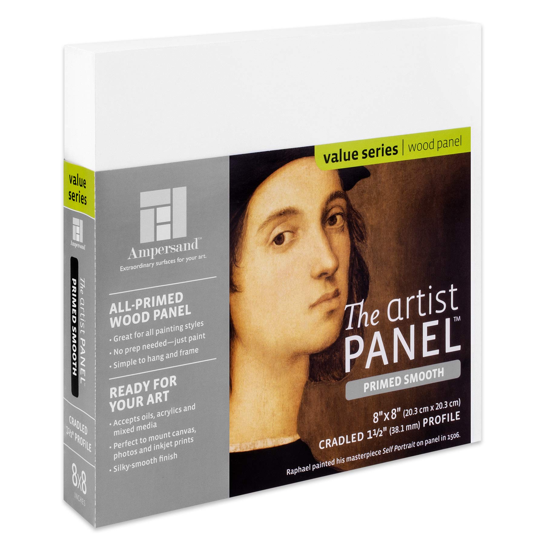 Ampersand Art Supply Wood Gesso Artist Painting Panel: Primed Smooth, 8" x 8", 1-1/2 Inch Depth