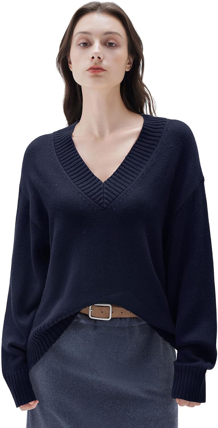SUUKSESS Women Cashmere Blend Oversized V Neck Long Sleeve Pullover Sweaters