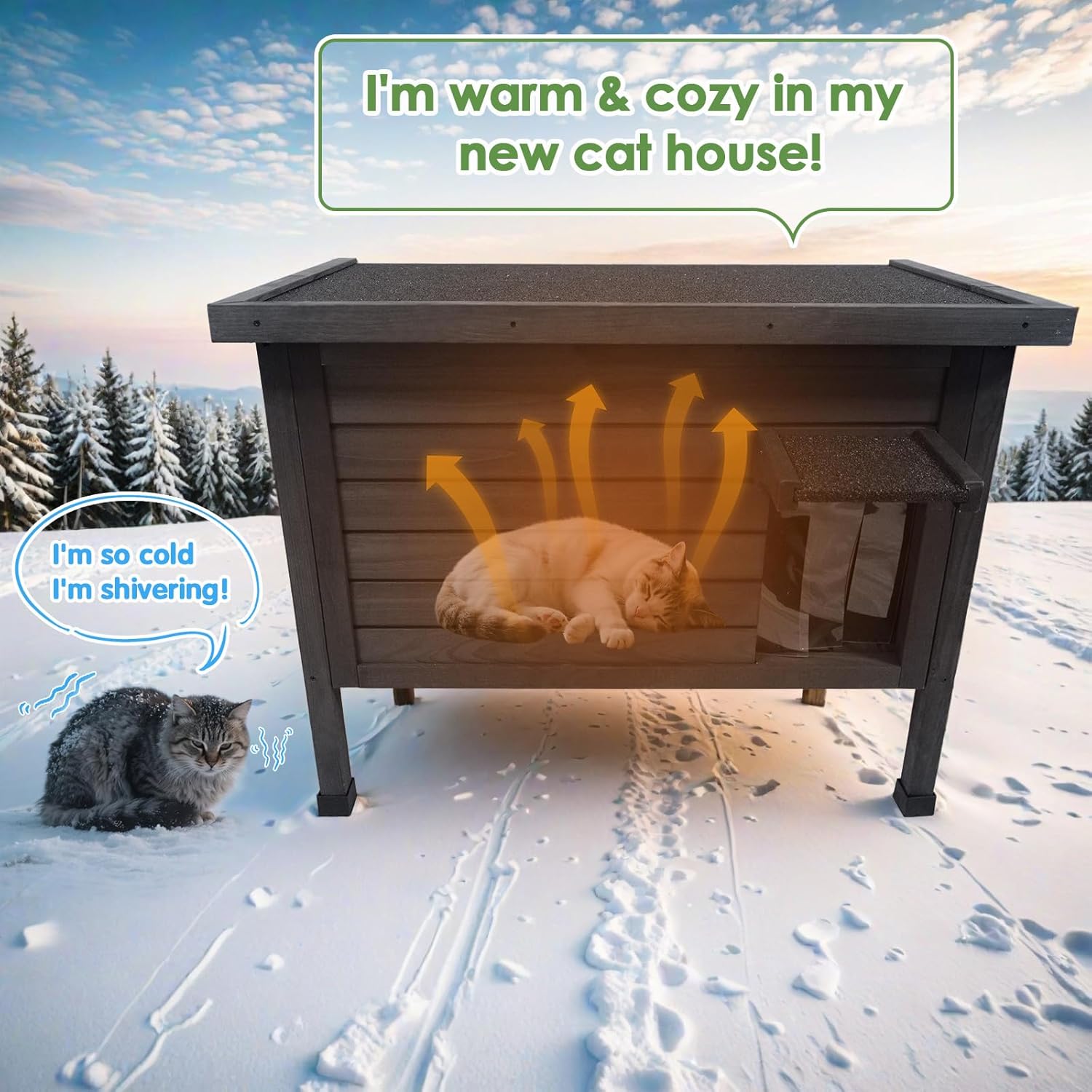 Outdoor Insulated Cat House for Stray Cats Weatherproof Shelter with Openable Asphalt Roof and Escape Door