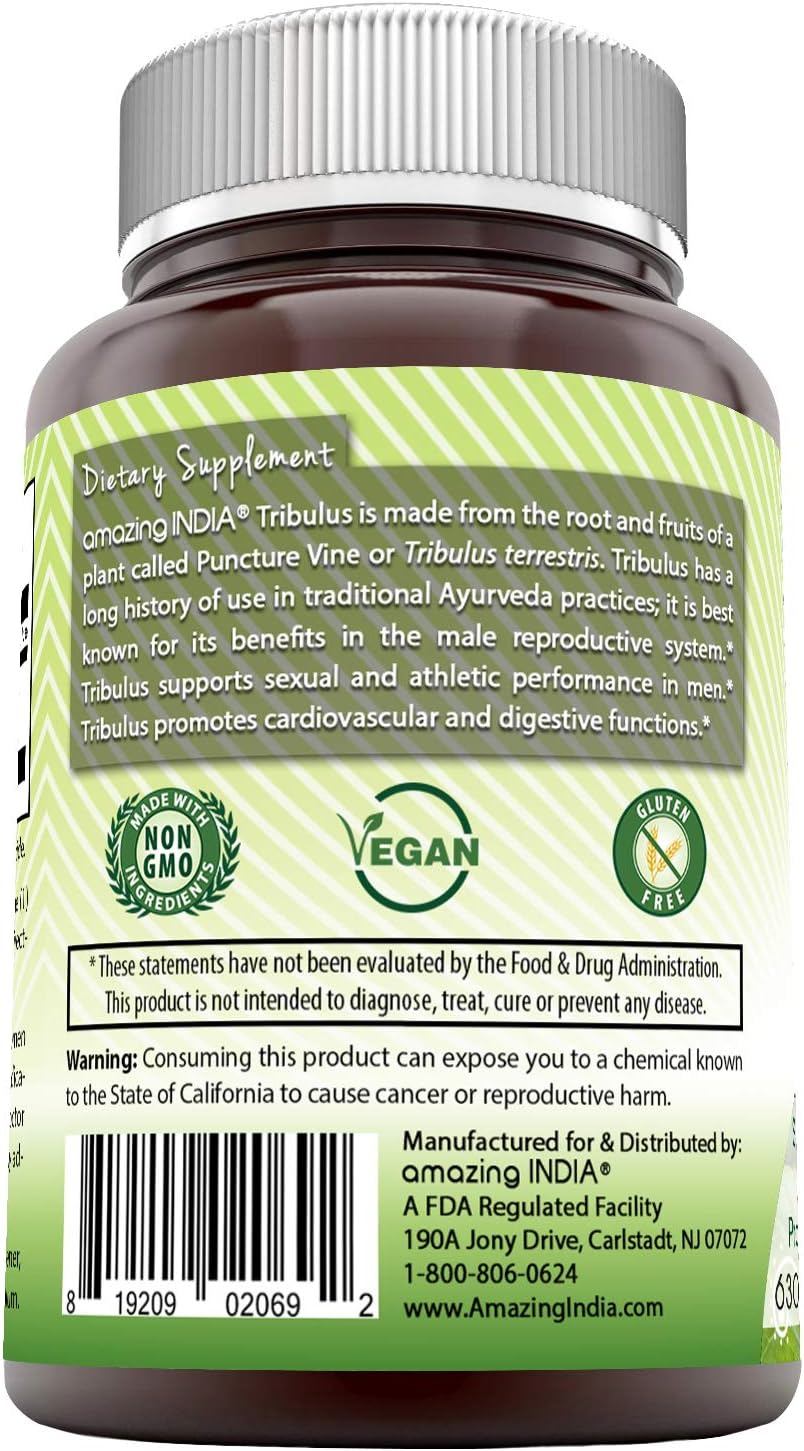 Amazing India Organic Tribulus 630 mg, 120 Veggie Capsules (Non-GMO,Gluten Free) Raw, Vegan,Plant-Based Nutrition. Supports Men's Reproductive Health, Promote Lean Muscle Mass, Supports Heart : Health & Household