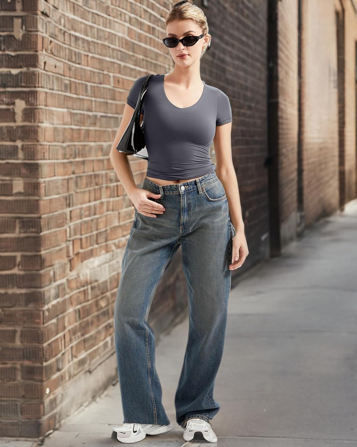 SUUKSESS Women Double Lined Fitted Basic Tee Sexy V Neck Short Sleeve Y2K Crop Top - Image 8