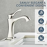 Vista 3 de Brushed Nickel Bathroom Faucet, Sanliv Single Handle Centerset Bathroom Sink Faucet with Pop-Up Drain & Deck Plate for 1 or 3-Hole (4 inch)