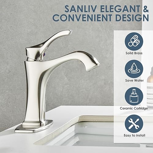 Vista 3 de Brushed Nickel Bathroom Faucet, Sanliv Single Handle Centerset Bathroom Sink Faucet with Pop-Up Drain & Deck Plate for 1 or 3-Hole (4 inch)