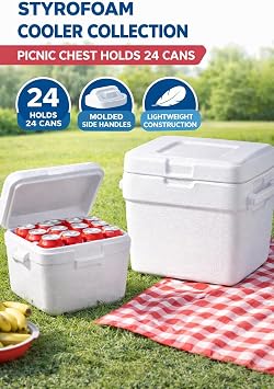 Lightweight Foam Cooler Chest 24-Can Capacity Picnic Cooler with Molded Side Handles for Easy Carrying