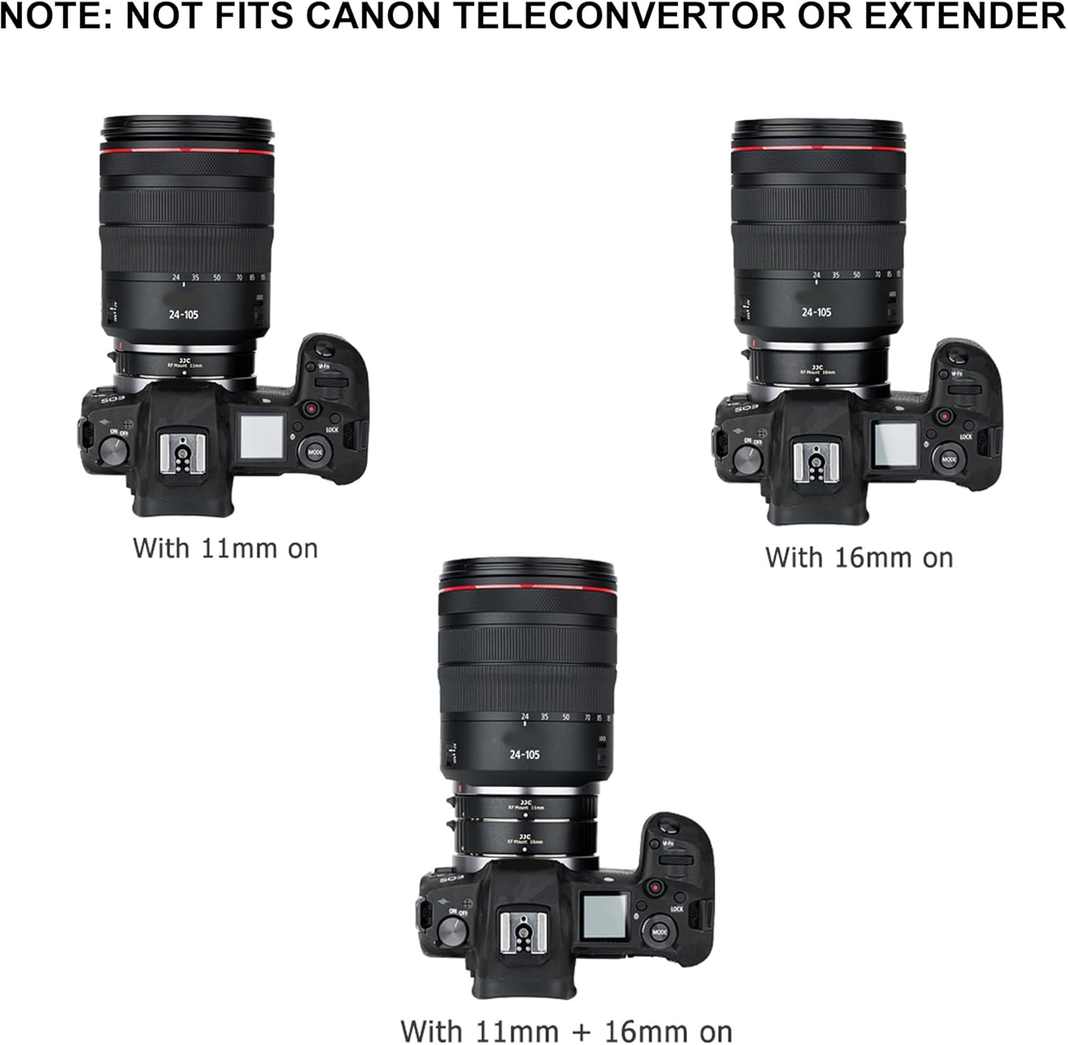 Canon EOS R camera with a 24-105mm lens, shown with 11mm extension tube, 16mm extension tube, and both 11mm + 16mm extension tubes attached.