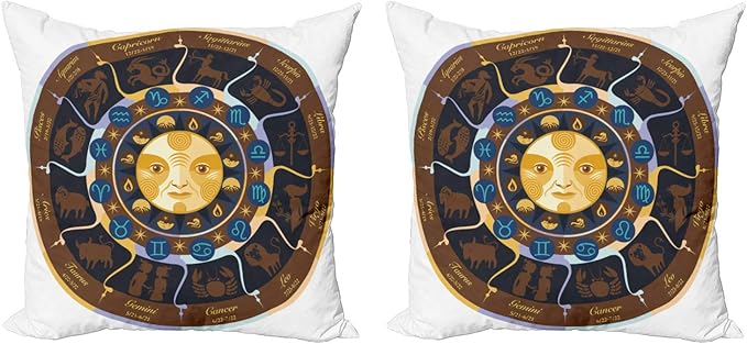 Ambesonne Astrology Throw Pillow Cushion Cover Pack of 2, Aries Taurus Gemini Cancer Leo Virgo Libra Scorpio Horoscope Signs, Zippered Double-Side Digital Print Decor, 24