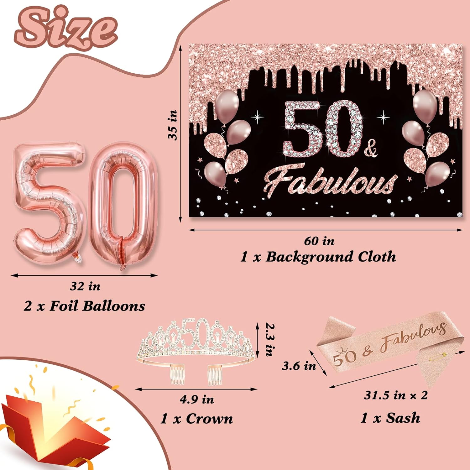 50th Birthday Decorations, 43pcs 50th Birthday Decorations for Women, Black Rose Gold Party Supplies Set, 50 Years Old Crown and Sash,Backdrop, Balloon, Banner, Hanging Swirls, Paper Fans - Image 3