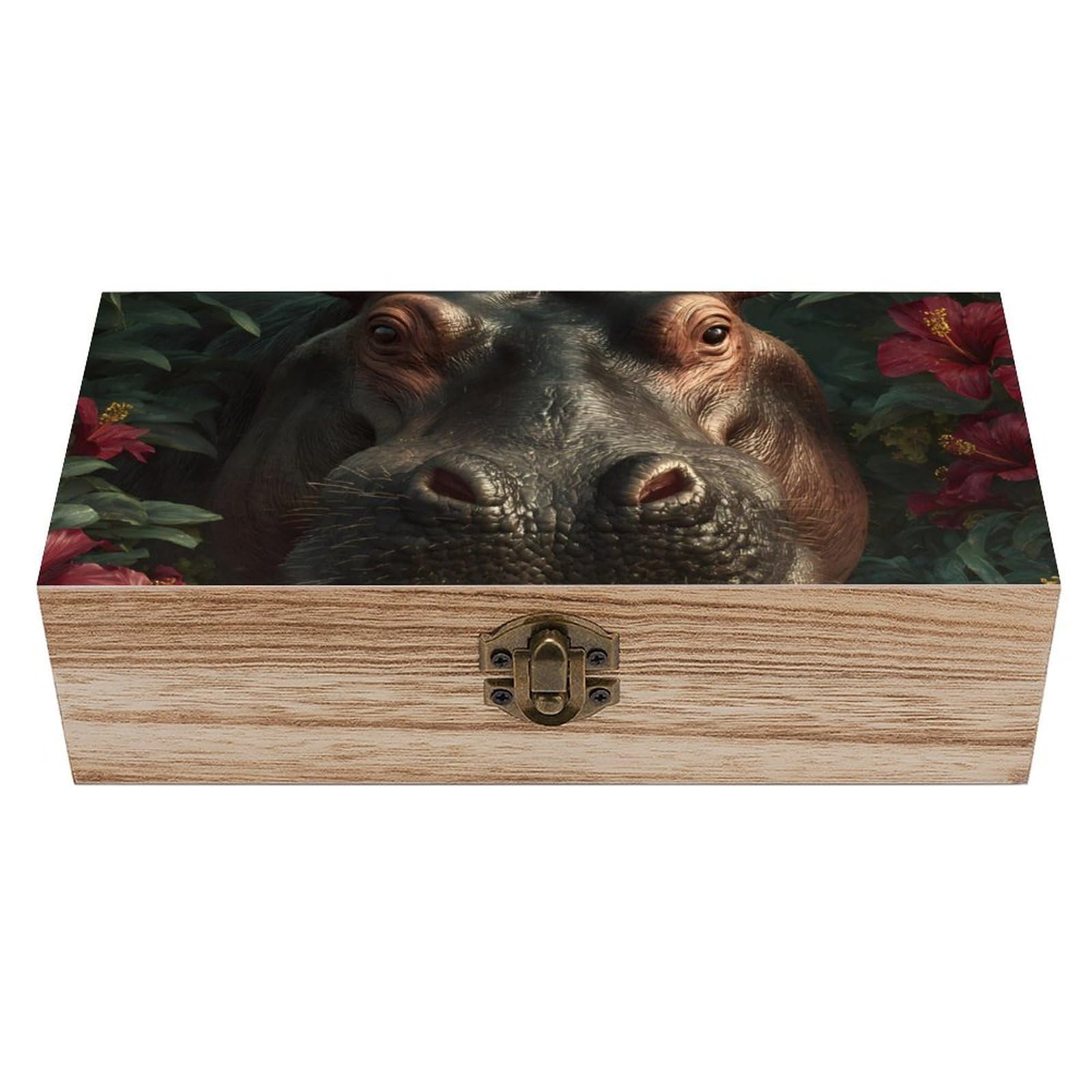 HLBSDM Hippo Wooden Box with Hinged Lid Decorative Storage Case Container