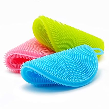 Mishrit Silicone Washing Sponge Antibacterial Silicone Dish Scrubber Fruit and Vegetable Washing Brush Round Scrubber Pad Multipurpose Silicone Dishwashing Tools for Kitchen (3 pcs).