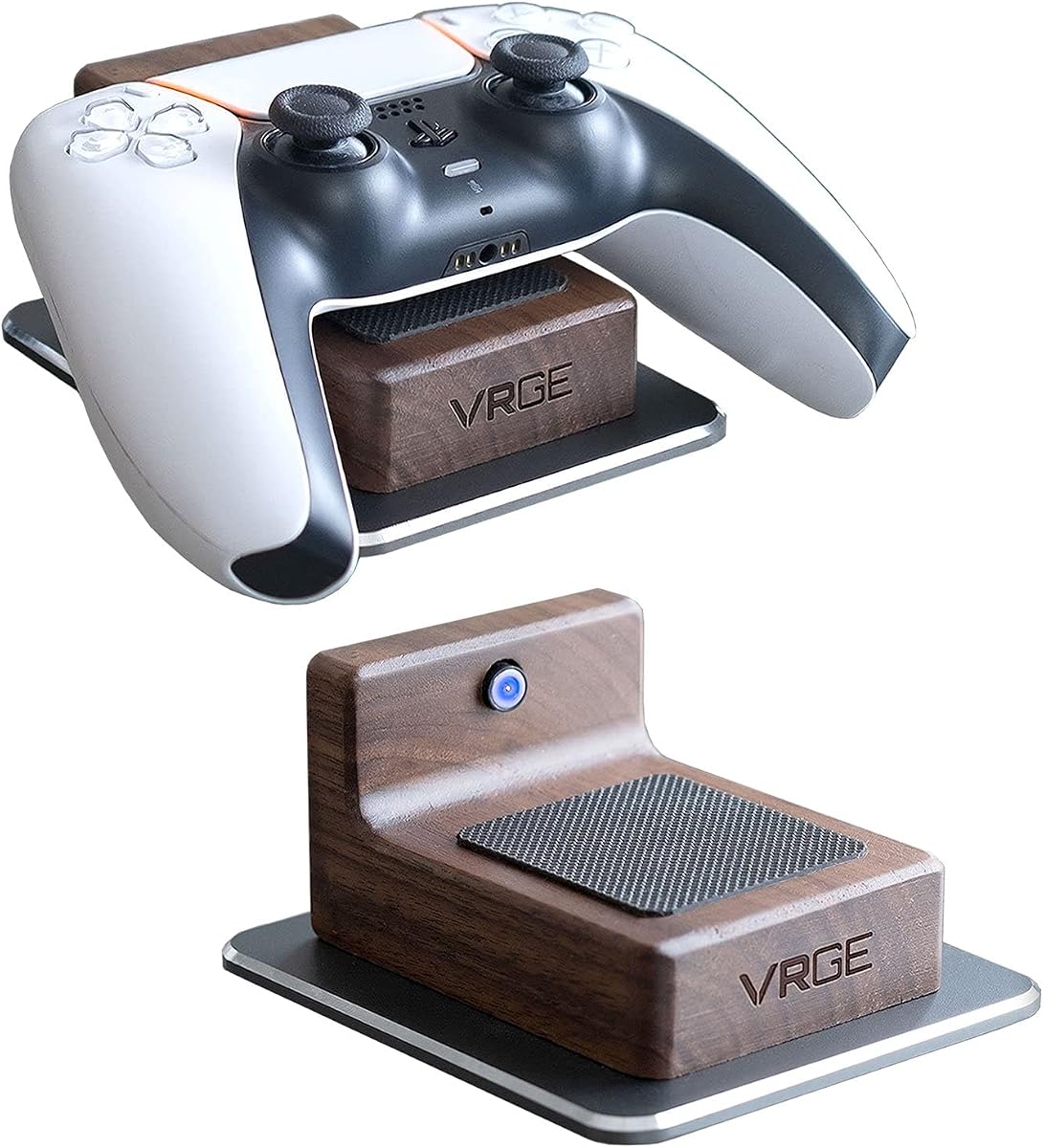 VRGE - PS5 Controller Charging Storage Dock - Premium Walnut Wood Gunmetal Aluminum Magnetic Charging Station Stand and Charger Cable Cord Holder Mount for Sony PlayStation 5 DualSense