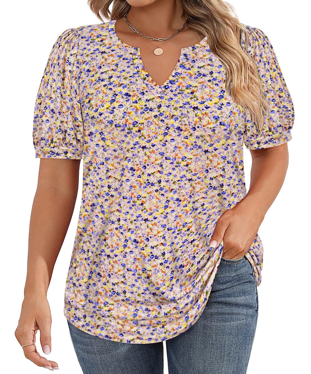 CARCOS Womens Plus Size Tops Puff Short Sleeve V Neck Shirts Solid/Floral Summer Tshirt Casual Blouse Loose fit Tunics XL-5XL