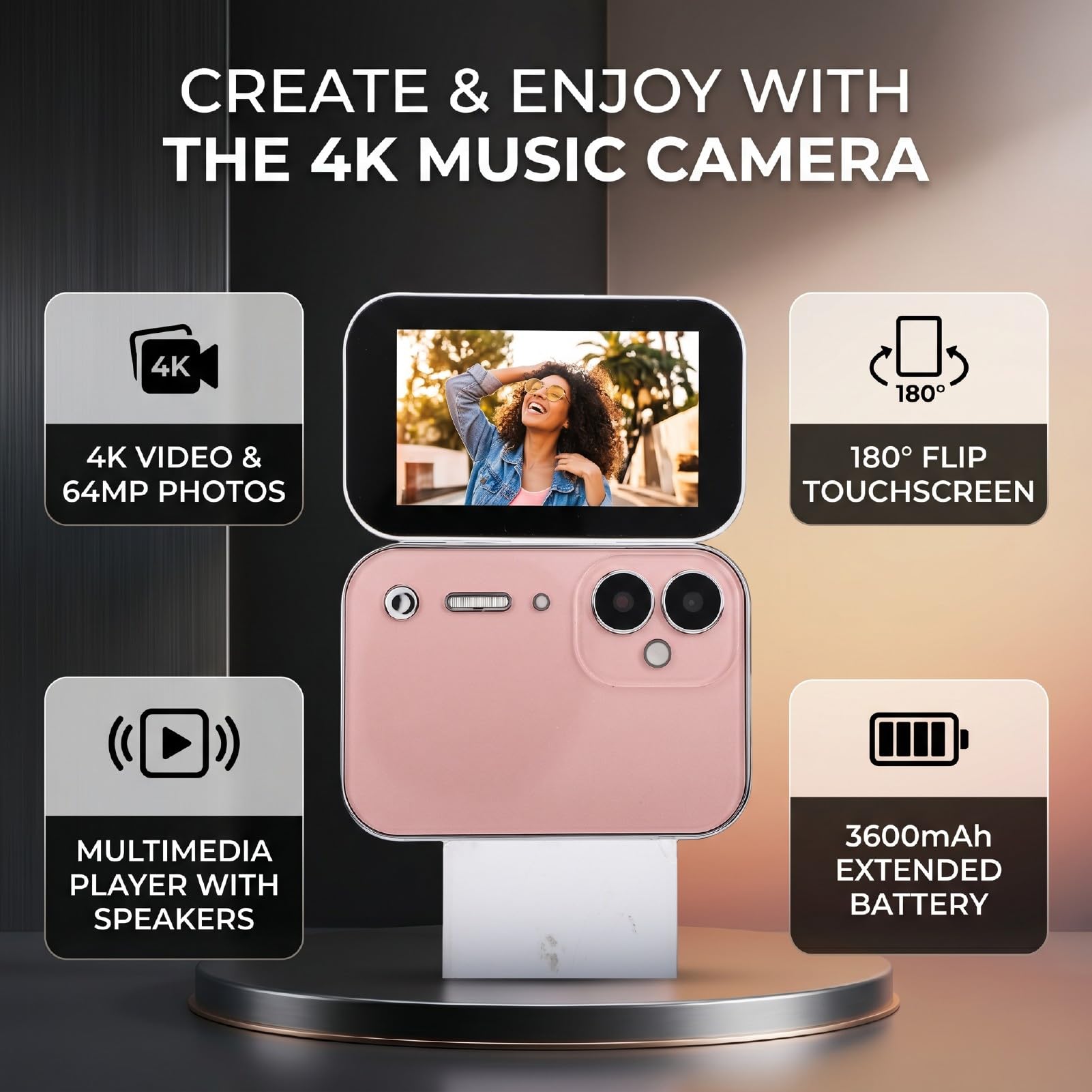 Tangxi Digitale Musikkamera 64 MP, 4K-Video-Flip-Touchscreen (PINK) | Konstruktion aus Zinklegierung, 3-Zoll-HD-Bildschirm, 180-Grad-Drehung, 3600-mAh-Akku, OTG-Sharing, 128-GB-Unterstützung