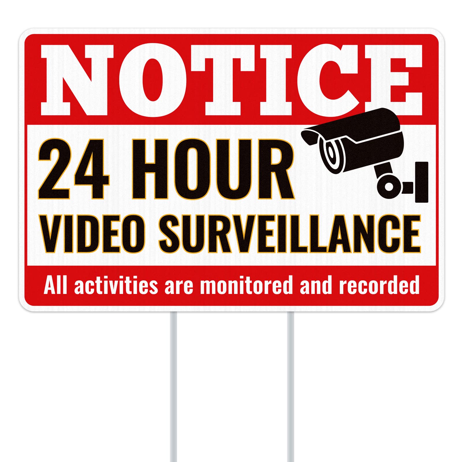WaaHome Video Surveillance Sign 8''X12'' Under 24 Hour Video Surveillance Yard Signs with Stakes, All Activities Monitored Security Camera Warning Sign for Home House Yard Outdoor Business