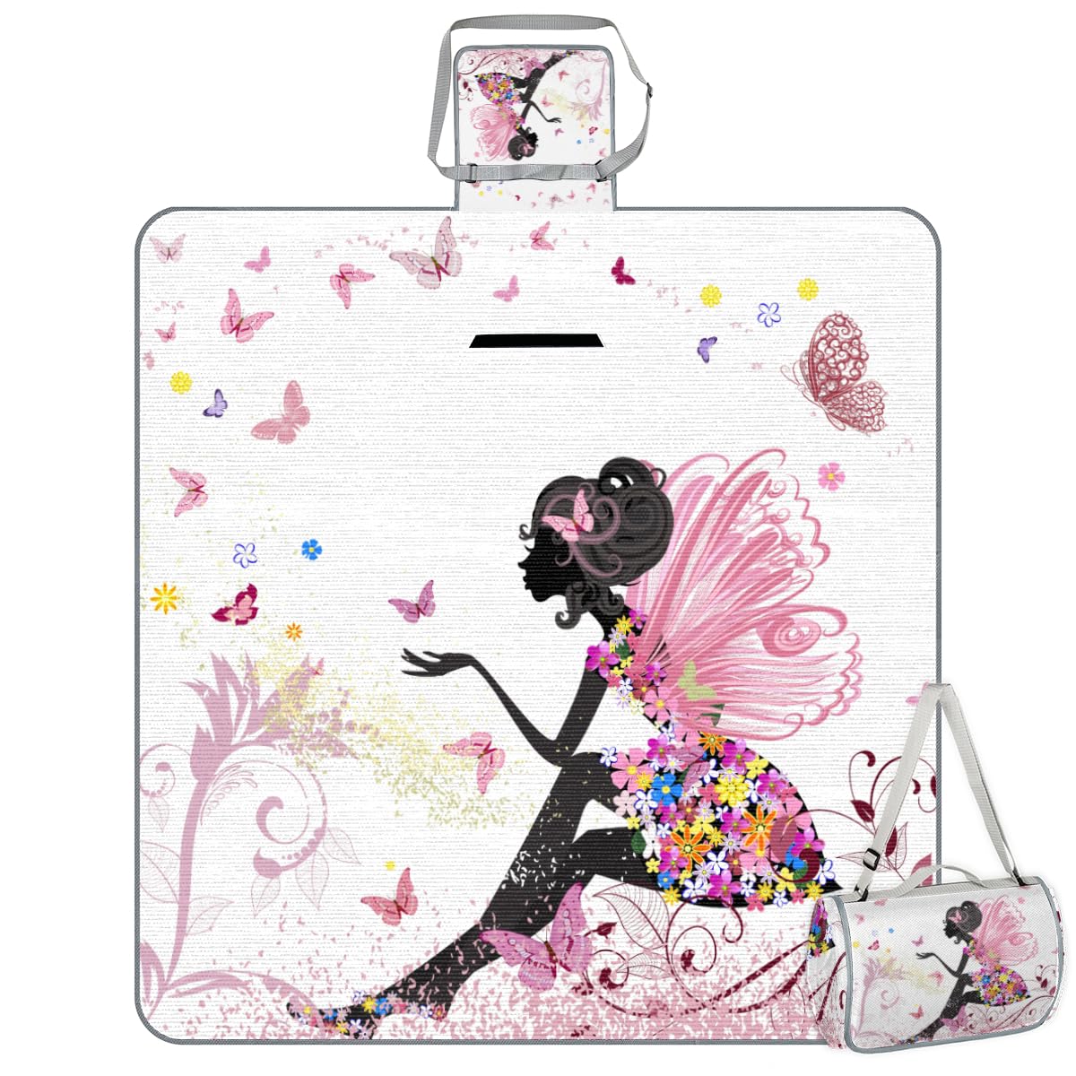 Shimoshe Picnic Blankets 57”x 59”, Butterfly Flower Dress Girl Waterproof Sandproof Picnic Mat Lightweight Foldable Beach Blanket for Camping Park Grass Beach Outdoor Blanket