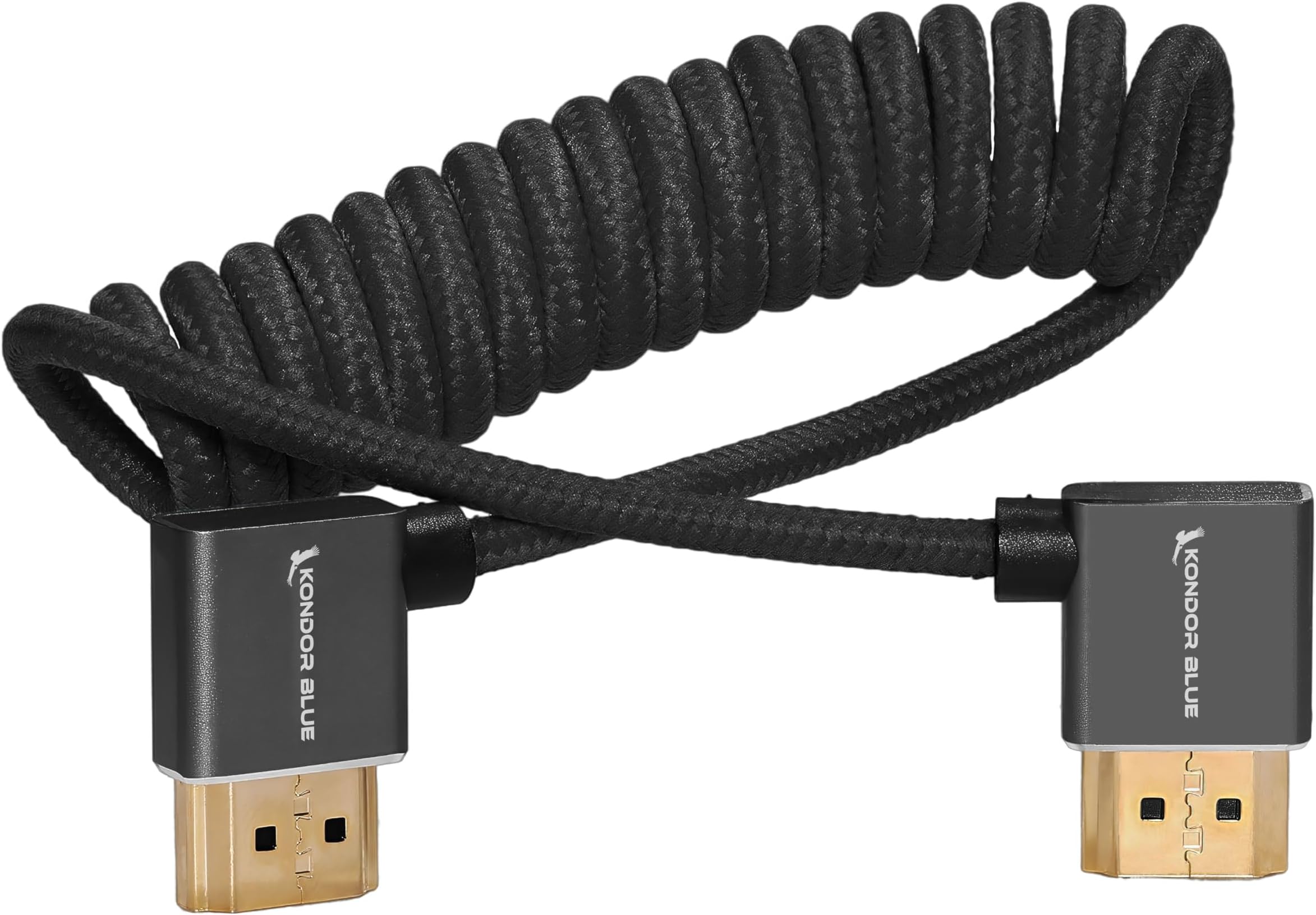 KONDOR BLUE | Right Angle Full HDMI 2.0 Coiled Cable 12"-24" Braided | Type A Male to Male, 3D, 4K 60Hz, 18Gbps, HDR | for On-Camera Monitors & Recorders + More | Black