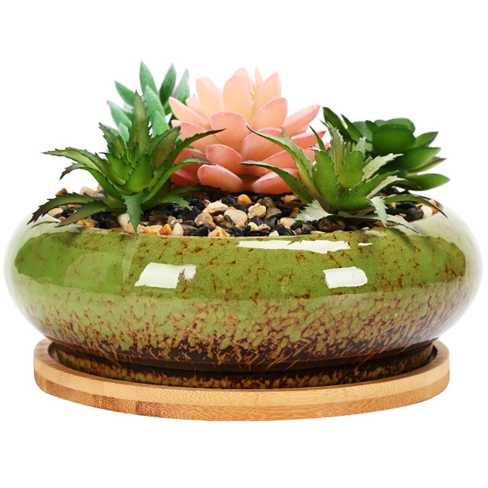 Grsrkep Succulent Plant Pot 6.14x2.20in Bonsai Pot with Tray Shallow Succulent Planters Round Glazed Ceramic Pots for Plants with Drainage