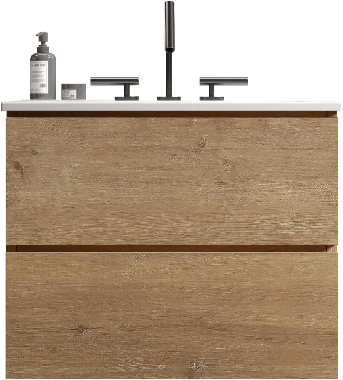 24 Inch Wall Mount Bathroom Vanity with Ceramic Sink with 3 Faucet Holes, Large Storage Floating Bathroom Vanity for Modern Bathroom, 1-Piece Sink Basin Without Drain,Oak