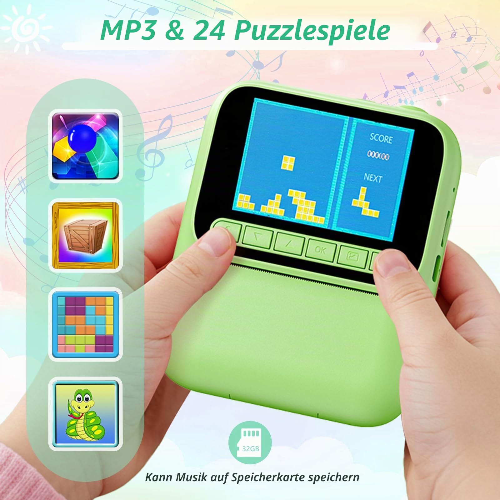 Sofortbildkamera für Kinder,1080P Kinderkamera mit 5 Rollen Druckpapier,32GB-Karte und Farbstiften,Tragbare Digitalkamera für Jungen und Mädchen,Geschenke für Kinder im Alter 3–14 Jahren (Grün)
