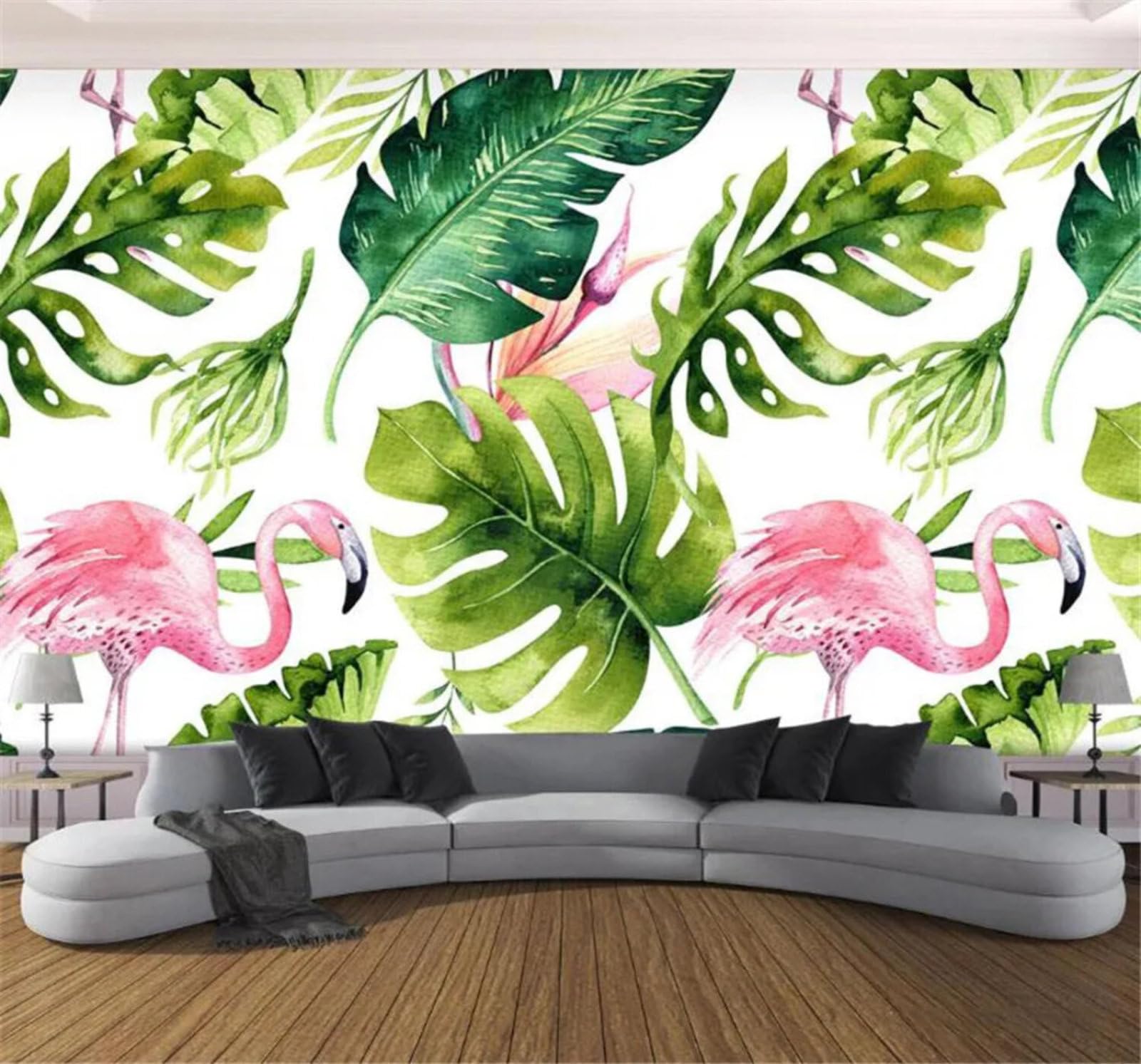 Tzxztt Watercolour Plants Green Leaves Flamingos Hand Painted Modern 3D Wallpaper Premium Textured Silk Neutral Tones Material Ideal for Living Room Bedroom-400cm×280cm