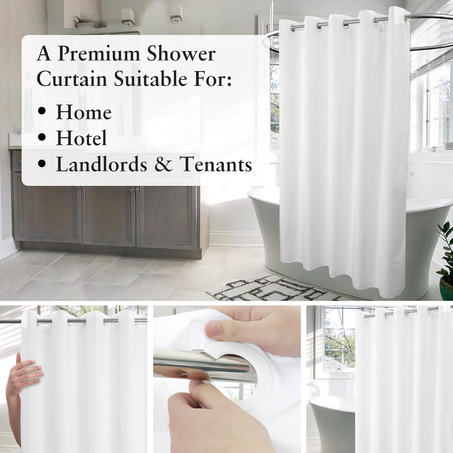Extra Long No Hook Shower Curtain or Liner Soft Microfiber - Fabric Shower Curtain Liner Set, Machine Washable & Water Repellent, White, 71x98