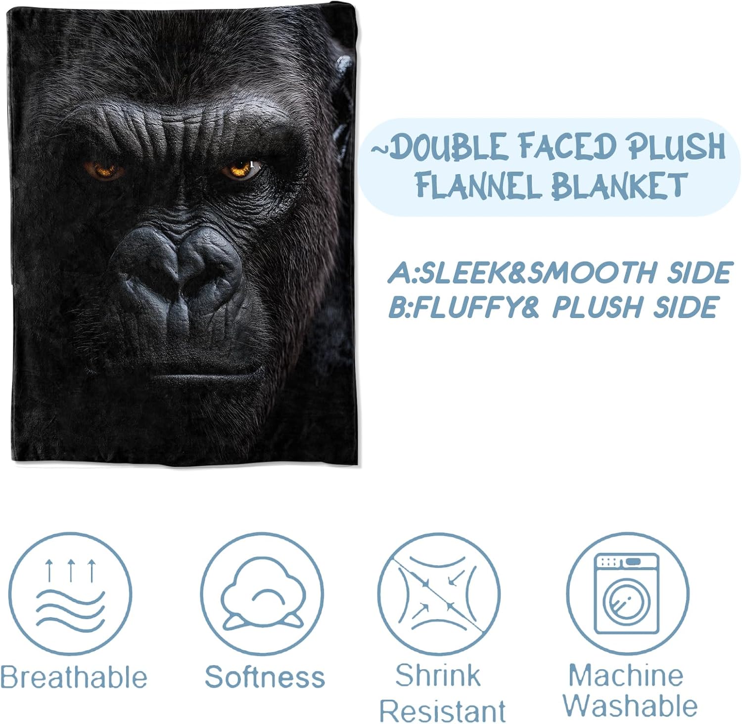 Gorilla Blanket for Adult Kids, Gorilla Decor Gifts for Sofa Couch Bed Living Room Soft, Flannel Gorilla Throw Decoration Soft Warm Lightweight Cozy 60" x 50" - Image 4