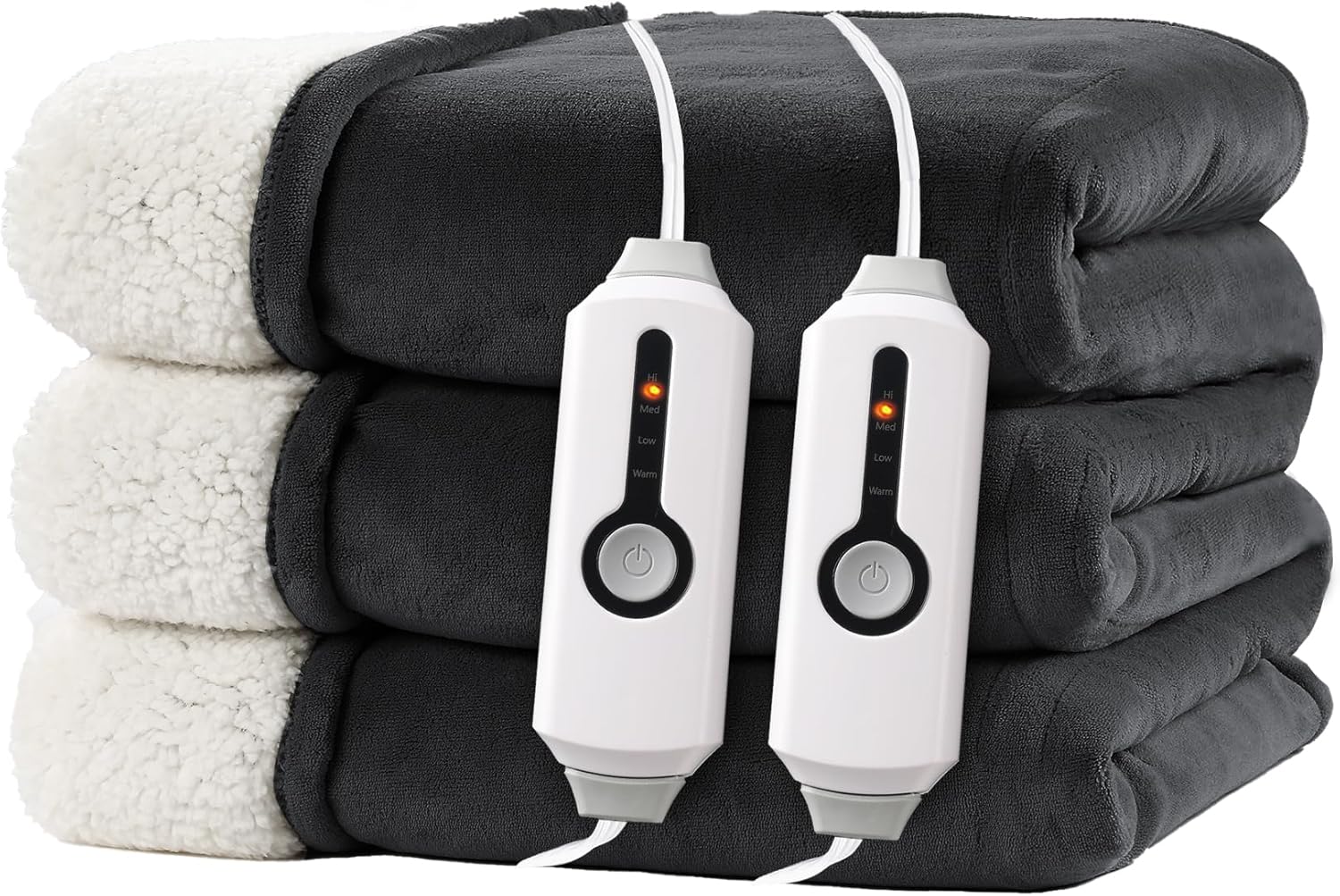 Electric Heated Blanket King Size 90"x100" - Dual-Sided with Microplush & Sherpa Fabric, 4 Heat Settings & 10 Hours Auto Off, Dual Controller, Machine Washable - Iron Gray 01-iron Gray King(90"x100")