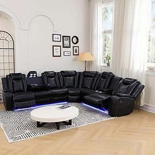 Power Reclining Sectional Sofa with LED, Leather Recliner Couch for Living Room/Home Theater, Sectional Reclining Couches with Wireless Charging/Hide-Away Storage (Black, Sectional)