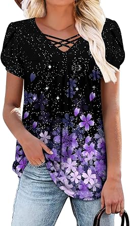 onlypuff Womens Tops Short Sleeve Shirts for Women V Neck Summer Tunic Tops Ladies Blouses Casual Loose Fit
