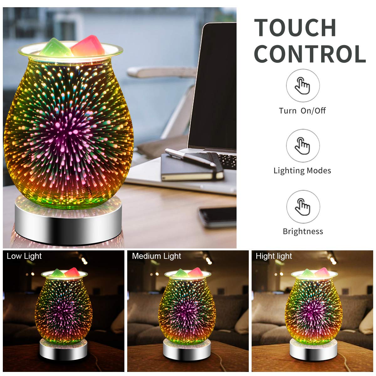 3D Glass Touch Electric Wax Melt Warmer with dimmable Wax Burner Melter Fragrance Scented Candle Warmer for Home Office Bedroom (3D Fireworks)