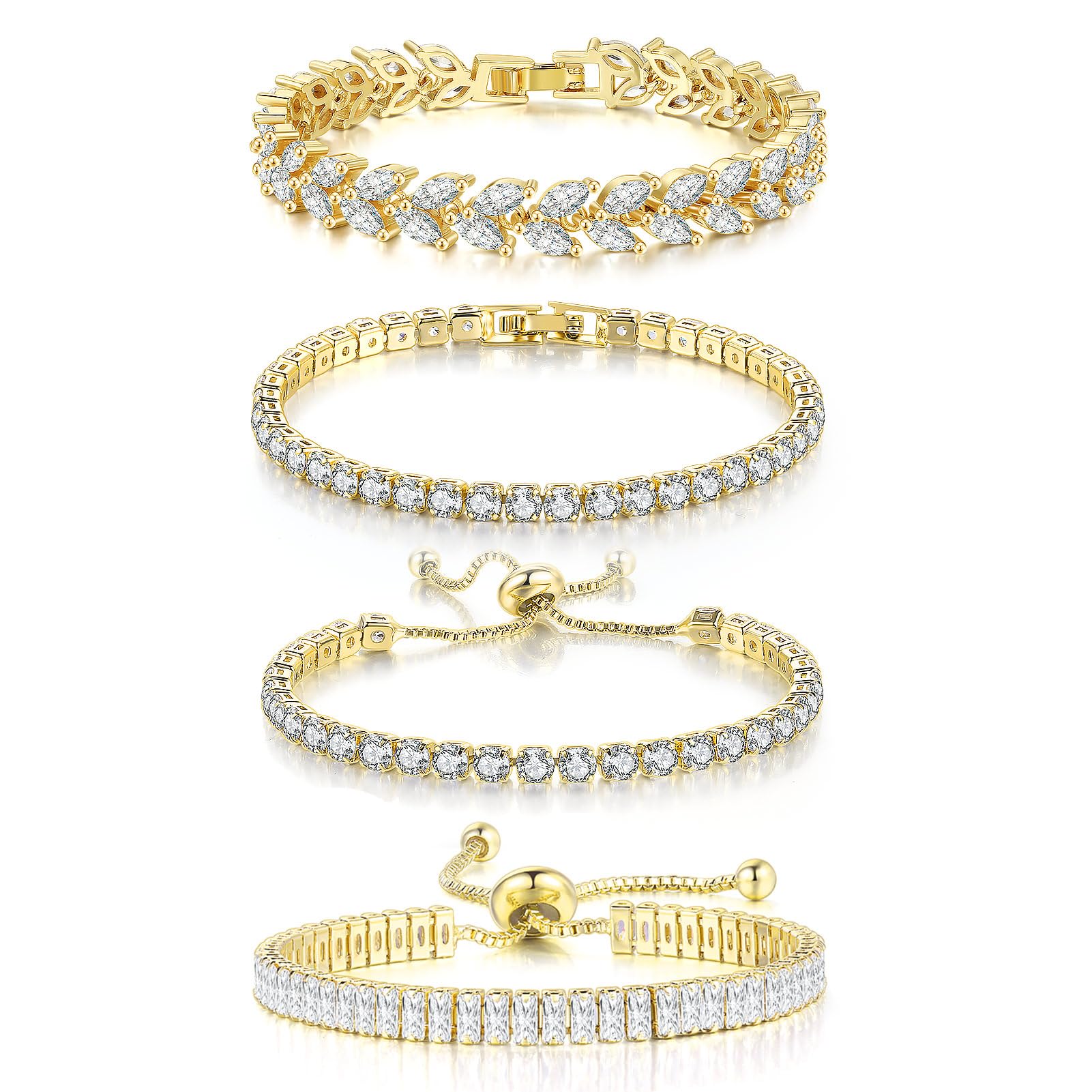 4 Pcs Tennis Bracelet Set Silver Plated Marquise Cubic Zirconia CZ Diamond Dainty Adjustable Silver Bracelets for Women Brides Stackable Fashion Jewelry Wedding Prom Gift