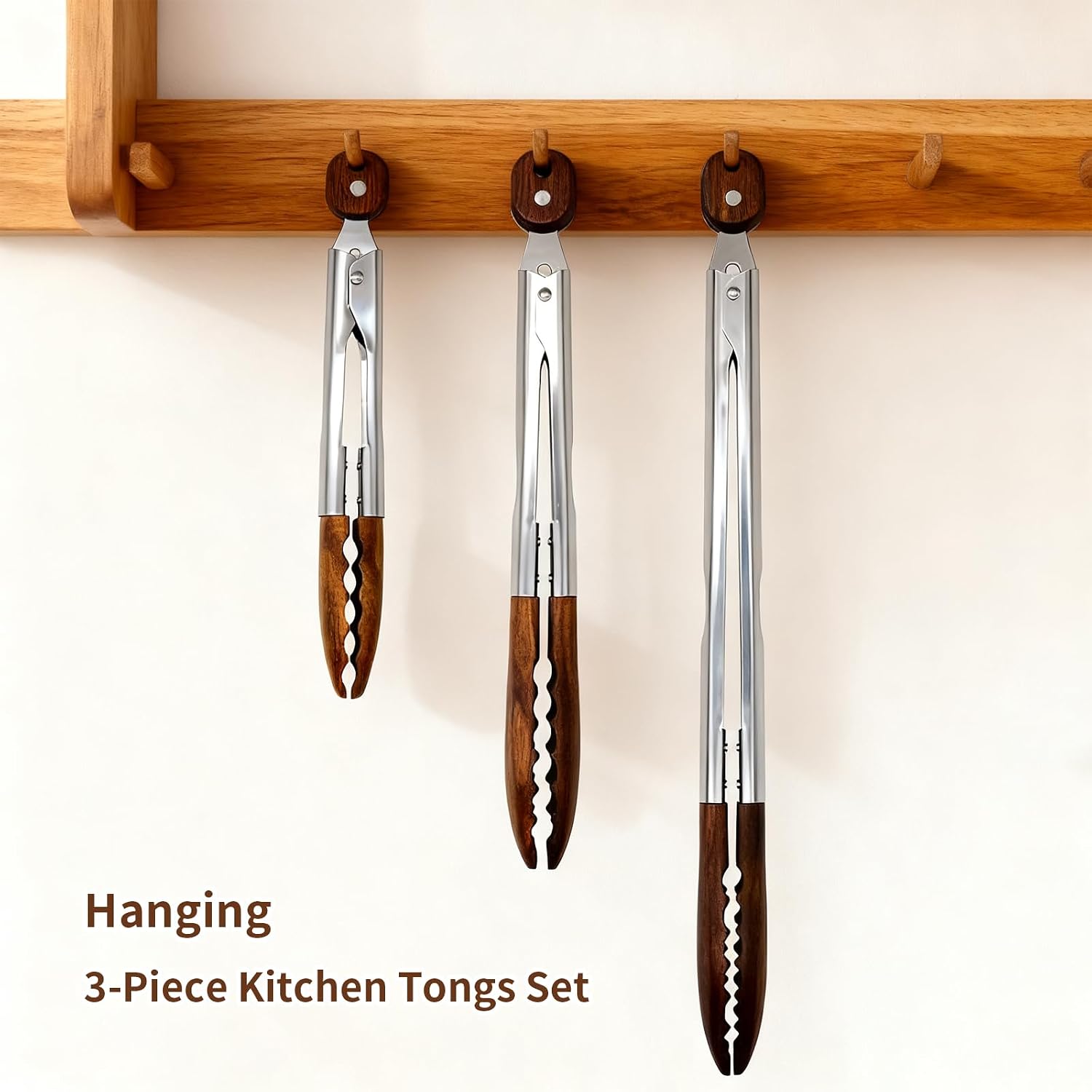 Wooden Tongs for Cooking & Serving Food, Anti-Slip Long Handle Wooden Kitchen Tongs Heat Resistant, Stainless Steel Salad Tongs with Walnut Wood Tip, Locking & Hanging Cooking Utensils Set