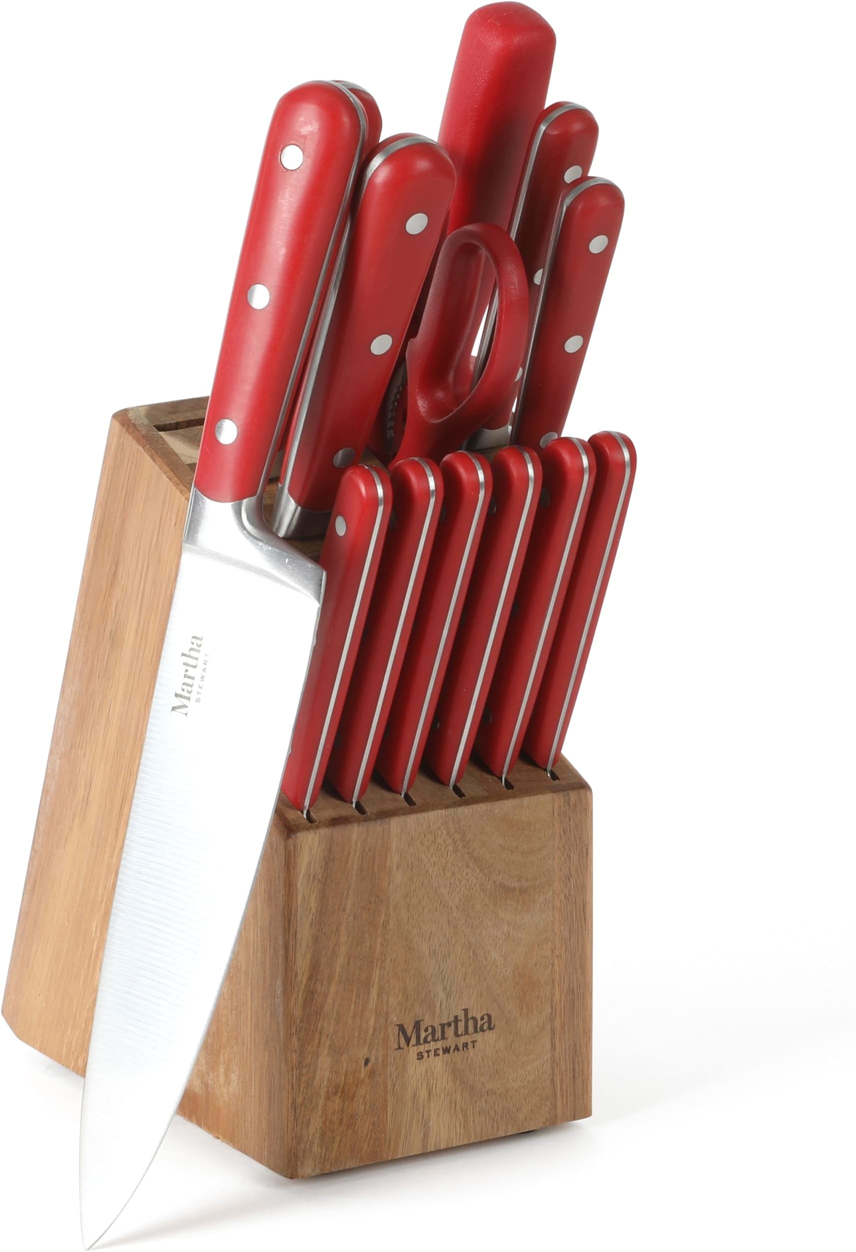 Eastwalk 14 Piece High Carbon Staineless Steel Cutlery Knife Block Set w/ABS Triple Riveted Forged Handle Acacia Wood Block - Red