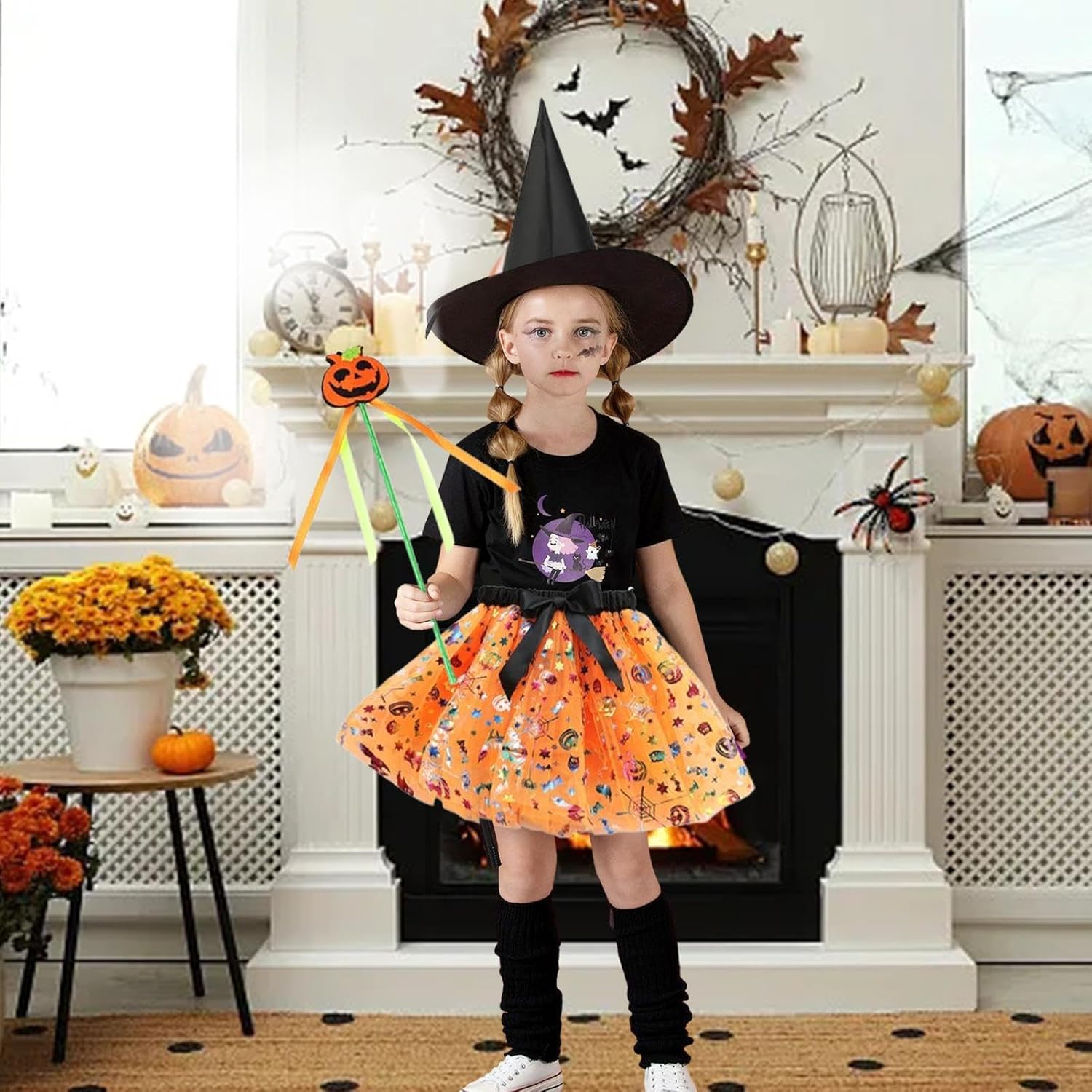 Mädchen Hexenkostüm 3-teilig - Tutu Rock Set Mit Hut & Besen Für Halloween