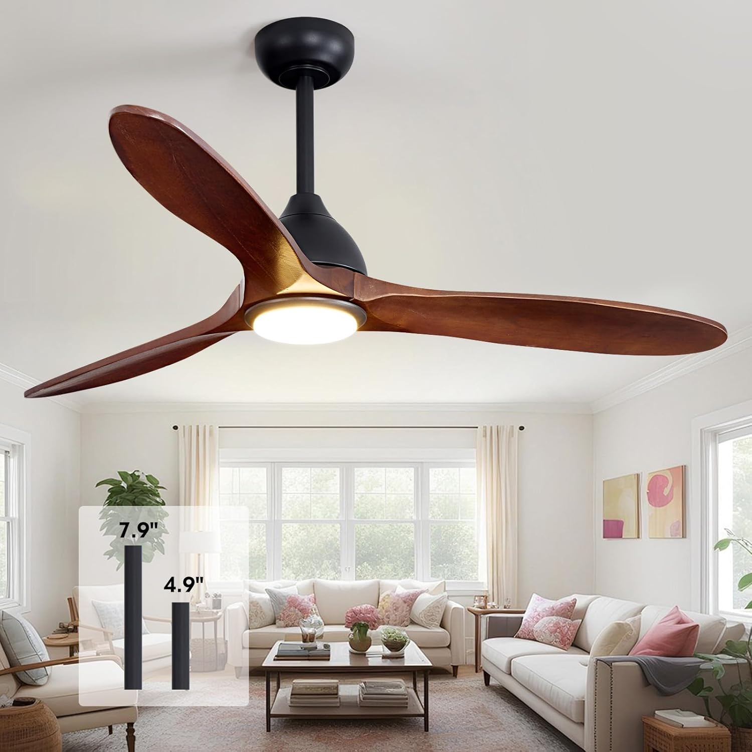 SNZ 52 Inch Wood Ceiling Fans with Lights and Remote, 3 Blade Rustic Ceiling Fans with Lights, Quiet Reversible DC Motor, 6-Speed Indoor Fandelier for Living Room Bedroom Patio