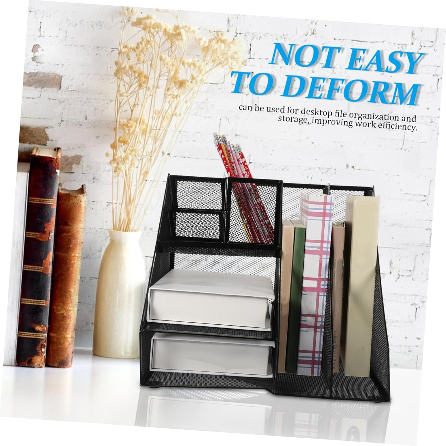 Metal Mesh File Organizer Left Pen Holder Desktop Storage Rack for Office Supplies Sturdy Iron Document Holder Vertical Compartments for Use