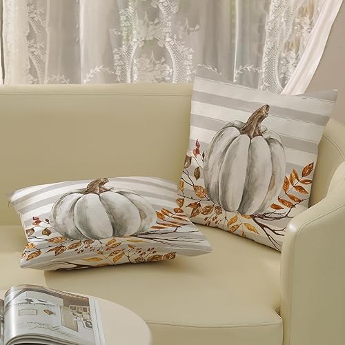 Miniatura 6 de Juego de 2 fundas de almohada de otoño de 16 x 16 pulgadas, diseño de calabaza a rayas grises para sofá, hojas de arce, cosecha de otoño, interiores