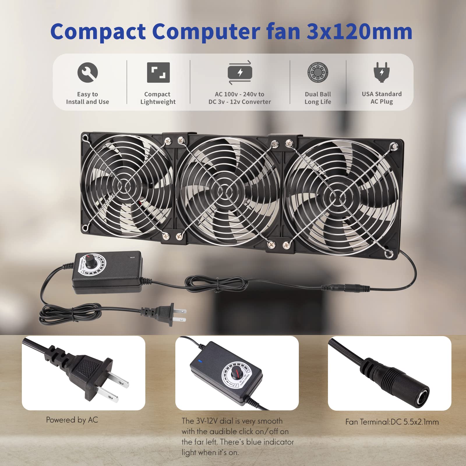 3 ventiladores de computadora de 120 mm y 12 V con controlador de velocidad de CC a CA de 110 V a 240 V, refrigeración para ventana, gabinete, chasis, máquina, servidor, estación de